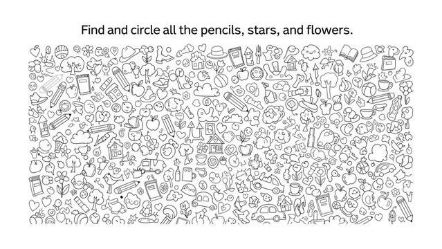 Hidden Objects Puzzle: Engage in a fun visual challenge, discovering and encircling various pencils, stars, and flowers amid a sea of other illustrations.
