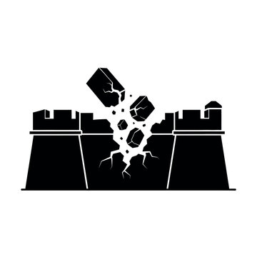 Black silhouette of castle wall breaking.