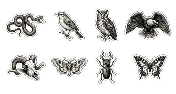 Collection of detailed vintage-style animal illustrations including birds, snake, owl, eagle, moth, butterfly, beetle, and skull in engraved monochrome design isolated on transparent background.