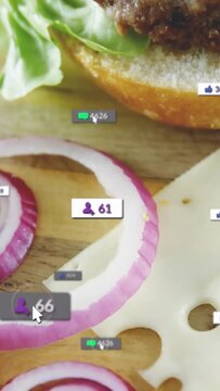 Vertical video: Mouse cursor selecting bun, updating counters over burger layers for food marketing