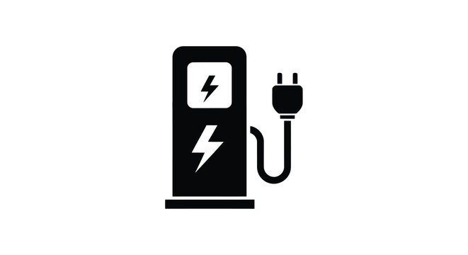 Black electric vehicle charging station icon with lightning bolt symbols