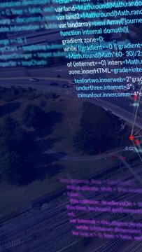 Vertical video: Aerial shot starting overlay appearing code scrolling nodes lighting showing status