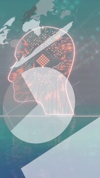 Vertical video: Neon head silhouette pulsing, pale data overlays sliding in, mapping tech networks