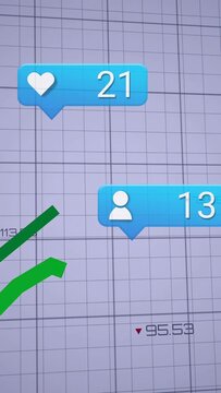 Vertical video: Blue bubble appearing, heart and user tags tracking green line showing data growth