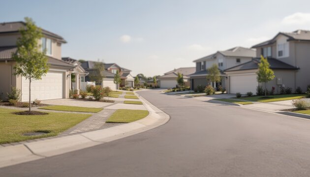 Medium shot of residential detached homes lining a clean street emphasizing paved driveways and walkways background houses softly blurred.