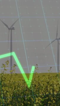 Vertical video: Grid appearing, green chart entering and zigzagging across turbines, showing power