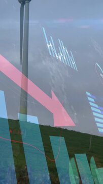 Vertical video: Overlay appearing turbine turning bars falling down arrow during pan showing drop