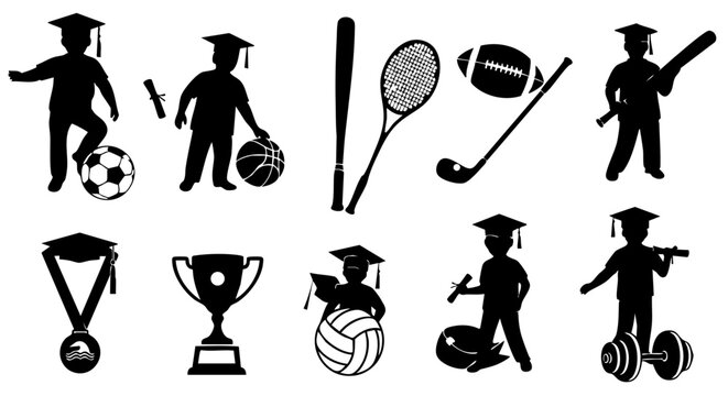 Student Athletes Celebrating Achievements: graduation day success, academic excellence, sporting triumph, and future aspirations. Silhouettes representing diverse sports, education, and childhood drea