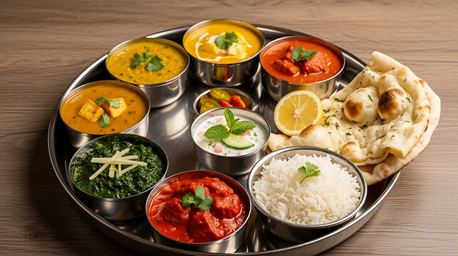 Indian thali meal with assorted curries rice naan bread indian food asia food