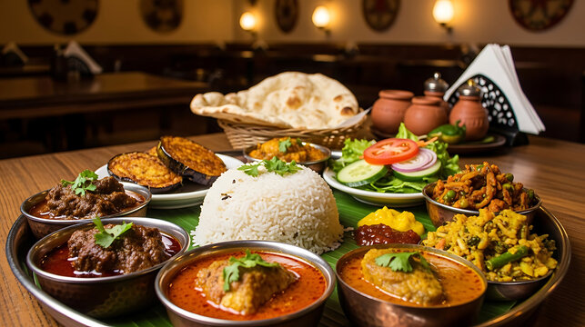 Traditional indian bengali thali with rice curries fried eggplant and naan bread