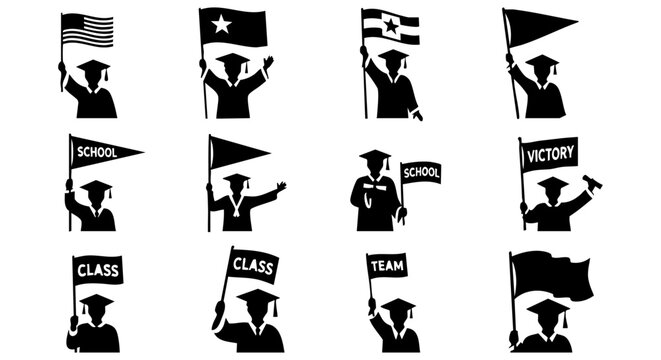 Celebrating academic achievement on graduation day, diverse students triumphantly wave various flags, symbolizing success, pride, and future aspirations after educational journey and commencement cere