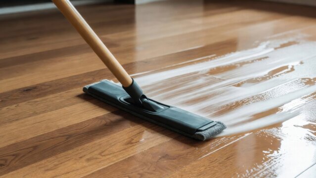 Mop cleaning a wooden floor with liquid solution, representing household hygiene, maintenance, and everyday cleaning routine in a modern home.