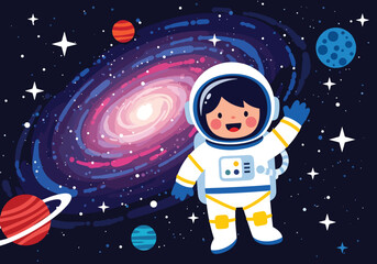 Flat style illustration of cute astronaut waving in outer space with galaxy and stars, perfect for kids products, nursery decor, and friendly space character designs © Amie