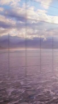 Vertical video: Camera panning revealing wet sand reflecting sky while UI drawing path to show tide