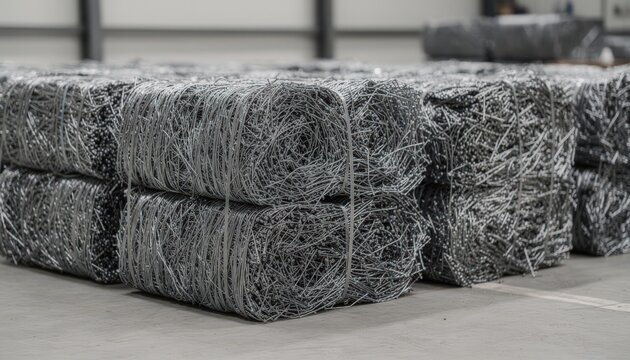 Medium shot of briquetted bundles of recycled wire offcuts stacked neatly showcasing efficient material compaction for storage and transport.