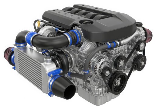 High performance engine with turbocharger and intercooler for enhanced automotive power isolated on white background