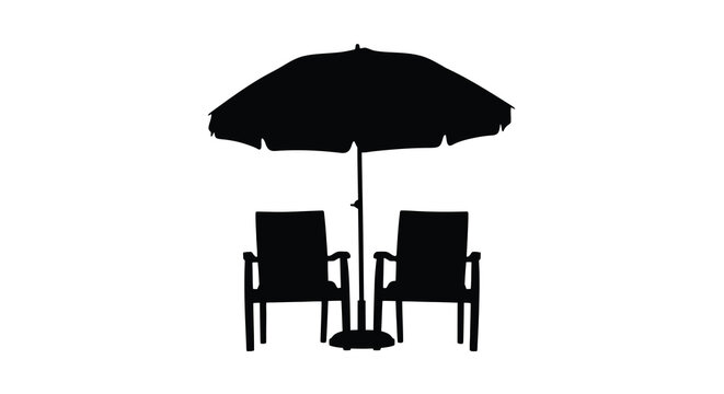 Black silhouette of beach chairs and a parasol against a white background