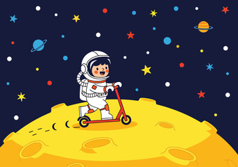 Flat style illustration of cute astronaut riding scooter on moon surface with stars background, perfect for playful kids themes, nursery decor, and fun space designs © Amie