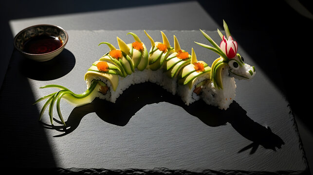 Creative dragon sushi roll with avocado and fish roe on black stone plate