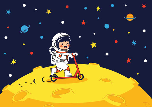 Flat style illustration of cute astronaut riding scooter on moon surface with stars background, perfect for playful kids themes, nursery decor, and fun space designs