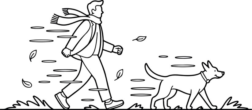 Man walking dog in windy autumn weather with falling leaves and blowing scarf line art vector coloring outline.