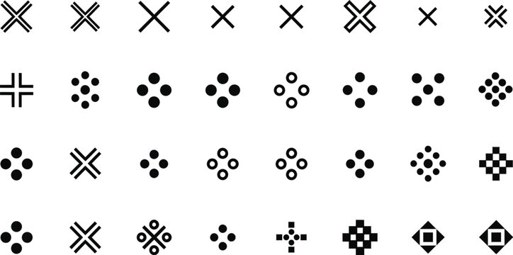Various small geometric shapes and cross symbols are presented in rows and columns on a white background.