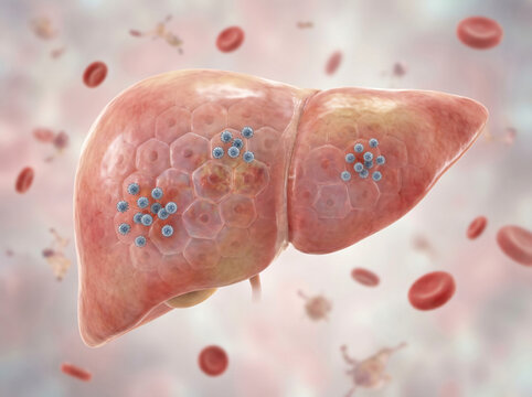 Human liver with viral infection clusters, hepatocyte damage medical concept