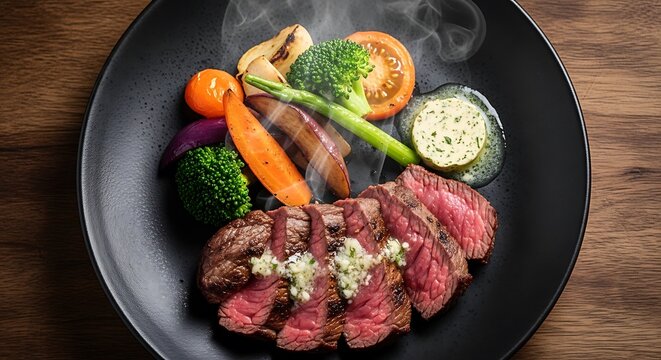 Grilled steak with roasted vegetables plate.