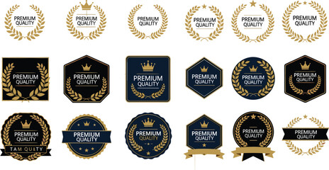 Elegant set of premium quality gold and black laurel wreath labels badges and seals for luxury branding product certification and awards. © Maslima
