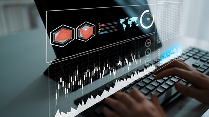 Data analysis display on computer with visual graphs and charts illustrating financial trends,...