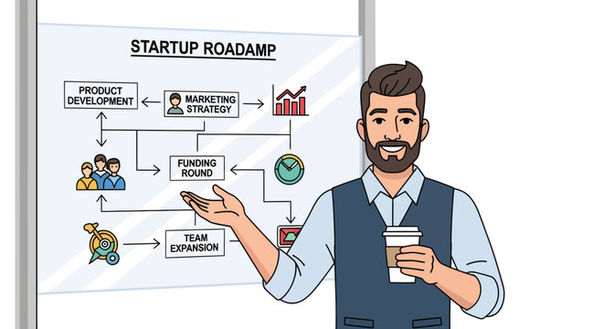 Cartoon man explaining startup roadmap with coffee