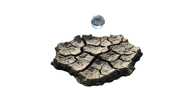 Single water drop falling onto parched cracked earth on black background