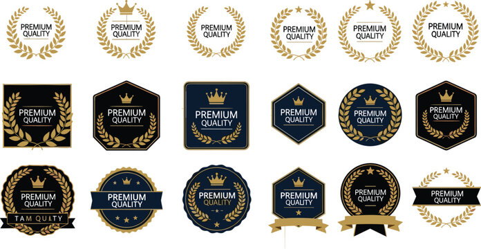 Elegant set of premium quality gold and black laurel wreath labels badges and seals for luxury branding product certification and awards.