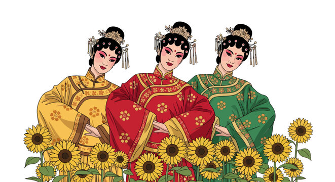 Three traditional Chinese women in colorful dresses with sunflowers