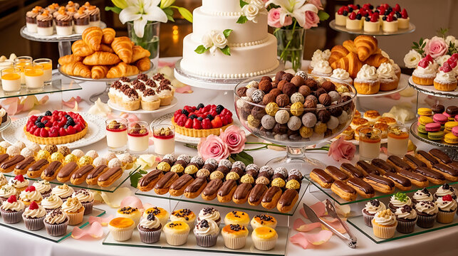 Elegant dessert table buffet with cakes tarts eclairs and tiered wedding cake