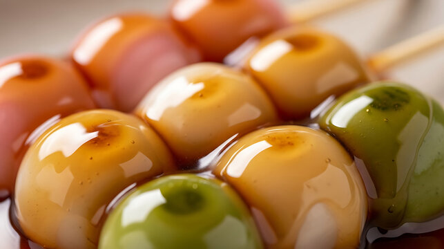 Traditional japanese mitarashi dango sweet soy glazed rice dumplings on skewers