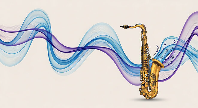 A Golden Saxophone with Flowing Ribbons, Celebrating International Jazz Day with Musical Notes
