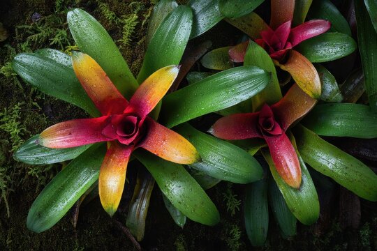 Vibrant bromeliads thrive on a lush, mossy jungle floor, showcasing tropical flora and detailed botanical textures.