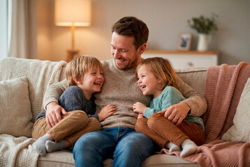 Obraz premium Happy father laughing with two young children on sofa in cozy living room warm natural light family bonding togetherness at home
