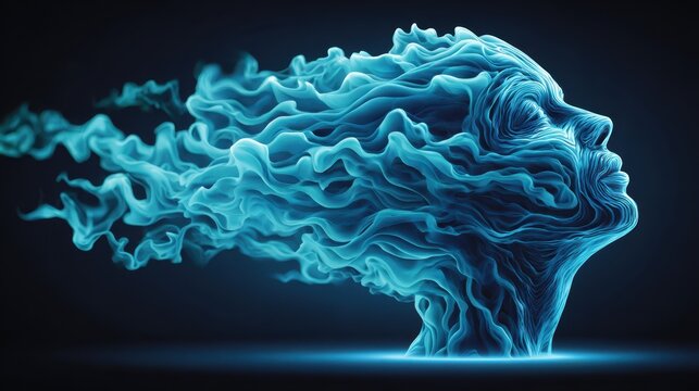 A luminous human head, formed from intricate layers of flowing blue and cyan energy, emerges dynamically from a dark, abstract background. Its ethereal form dissolves into wisps