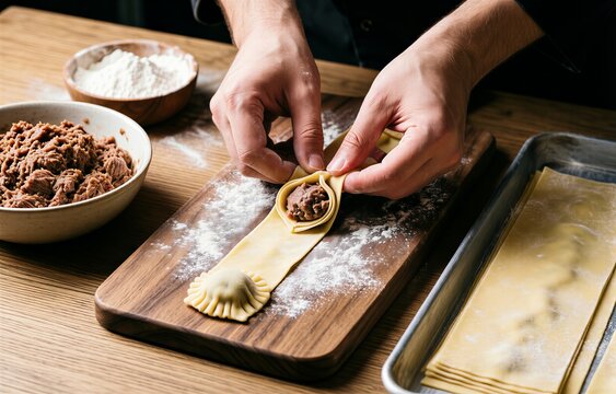 Close-up of hands pulling pastry cutter over wooden board with Agnolotti del Plin. Concept of small stuffed pasta with roast meat in kitchen setting, natural lighting.