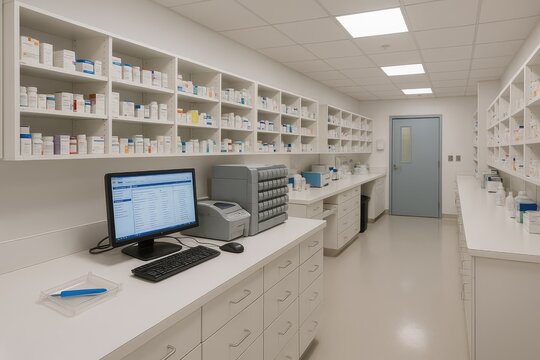 Pharmacy storage shelves with medication containers and computer workstation, medical supply room, healthcare facility, bottles boxes screen.