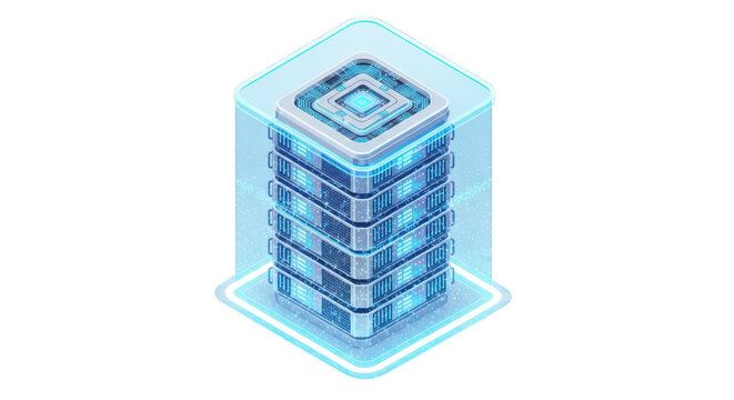 Futuristic server stack with blue circuits and microchips on transparent background for technology and data storage concepts transparent background