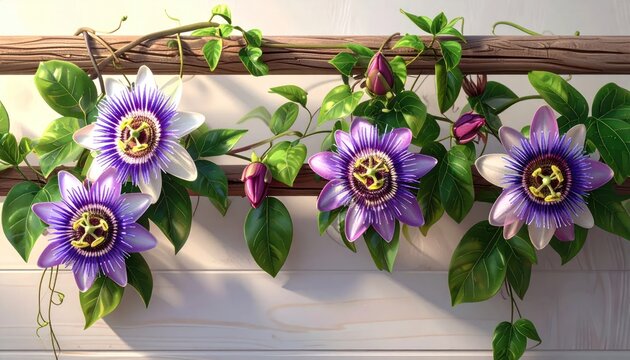 Beautiful Purple Passion Flowers Adorning a Vine with Green Leaves.
