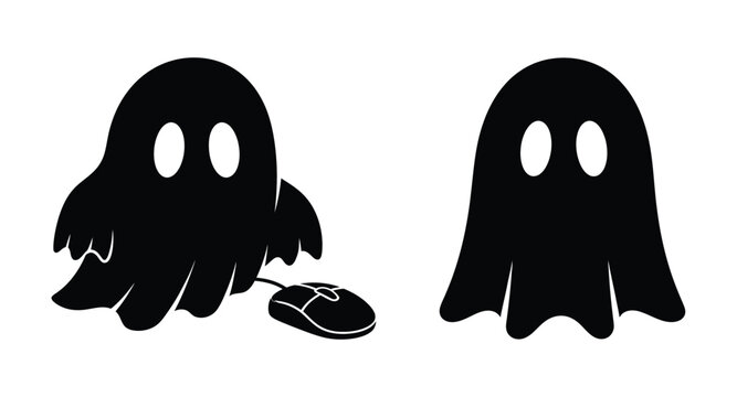 Two playful ghost silhouettes with a computer mouse on transparent background