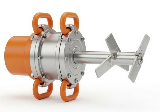A mechanical pump with an orange casing and a silver impeller in a 3d rendering. isolated on white background