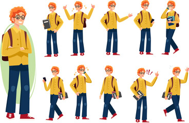 Fototapeta premium Cartoon character poses, student illustrations, yellow shirt, blue jeans, 10 poses