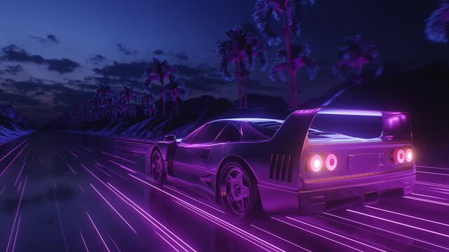 Loop Car and background neon retro wave 80s style