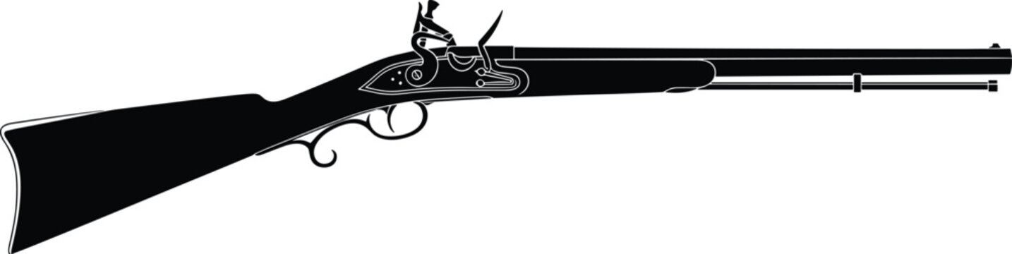 Flintlock rifle silhouette, antique firearm icon, historical weapon design, vintage gun illustration, early firearm technology, flat vector illustration