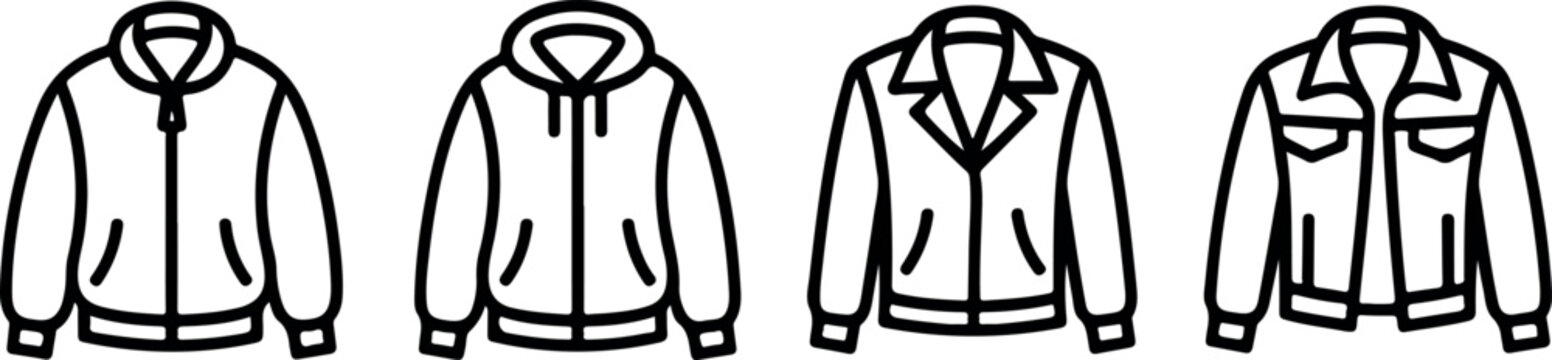 Set four jacket outlines bomber hoodie blazer denim vector icons clothing outerwear isolated white background.